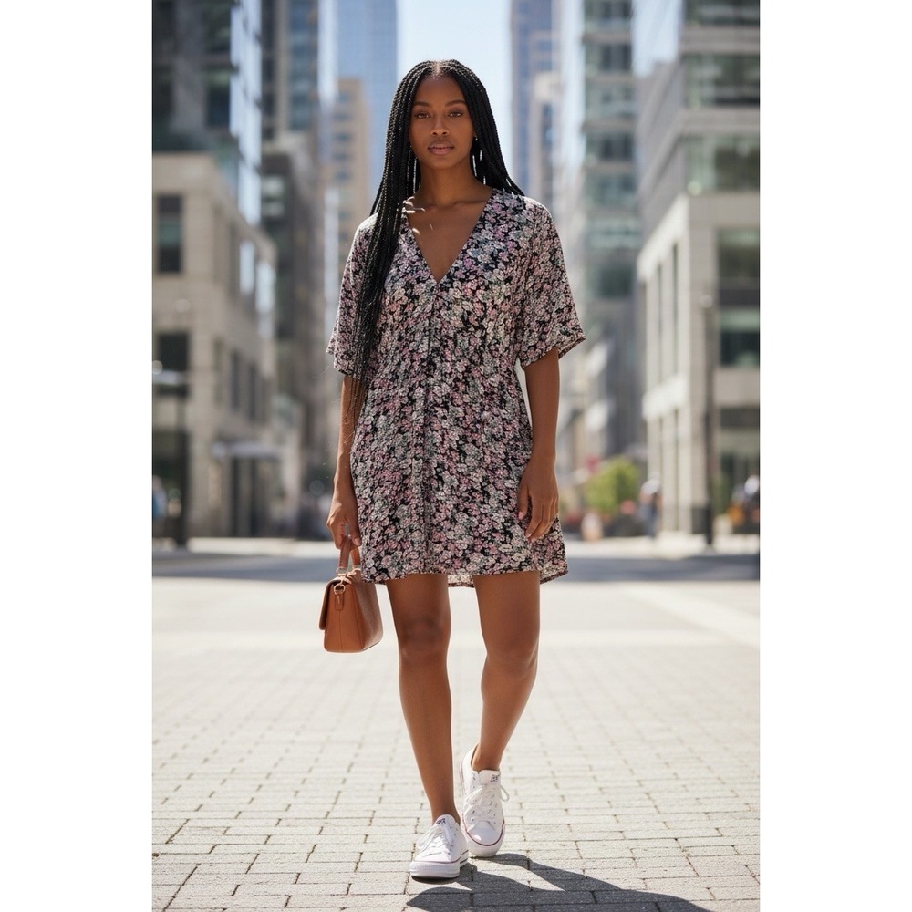 Natural Life Floral Babydoll Pocket Dress Womens XS/S Boho V-Neck 100% Rayon